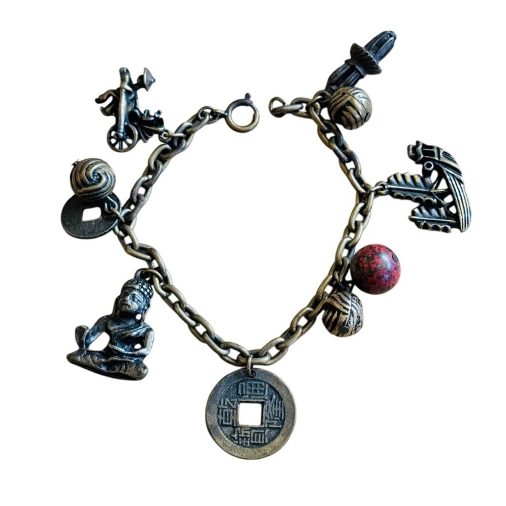 VTG Charm Bracelet Bold Buddha Asian Coin Statement Dangle Chunky Dangle 7.5"